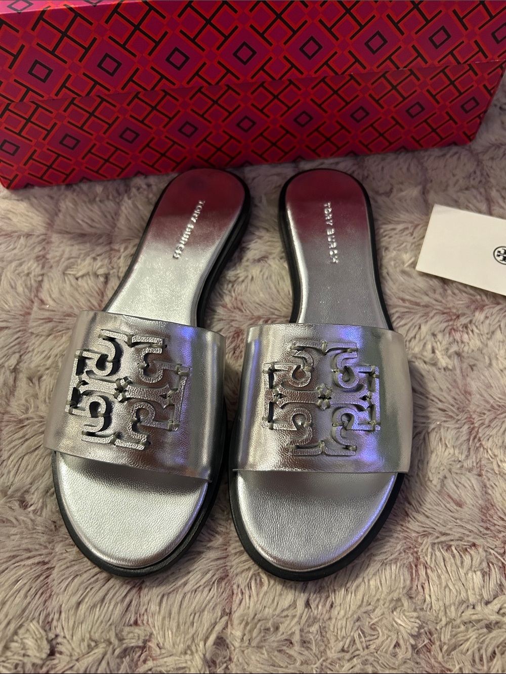 Tory Burch Silver Logo Slide Sandals size 5